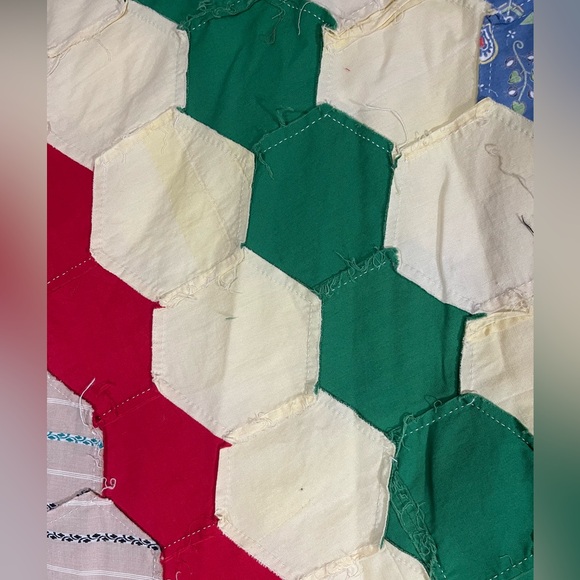 Vintage Antique Hexagon Unfinished Quilt Top Handmade Hand Sewn 72 x 93 - Picture 13 of 13
